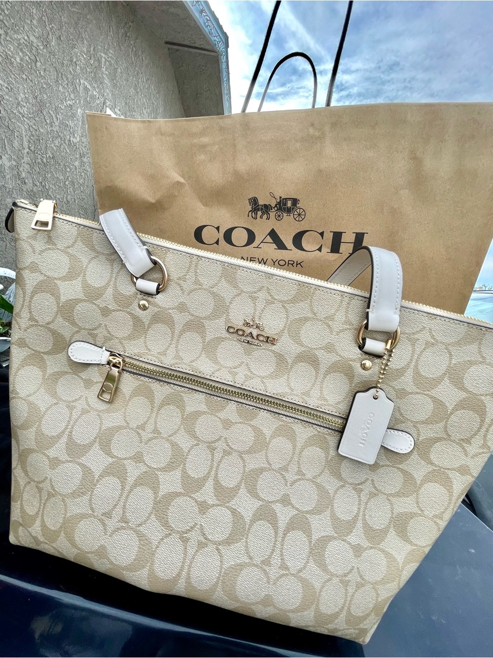 Coach Beige Signature Canvas Tote with White Trim